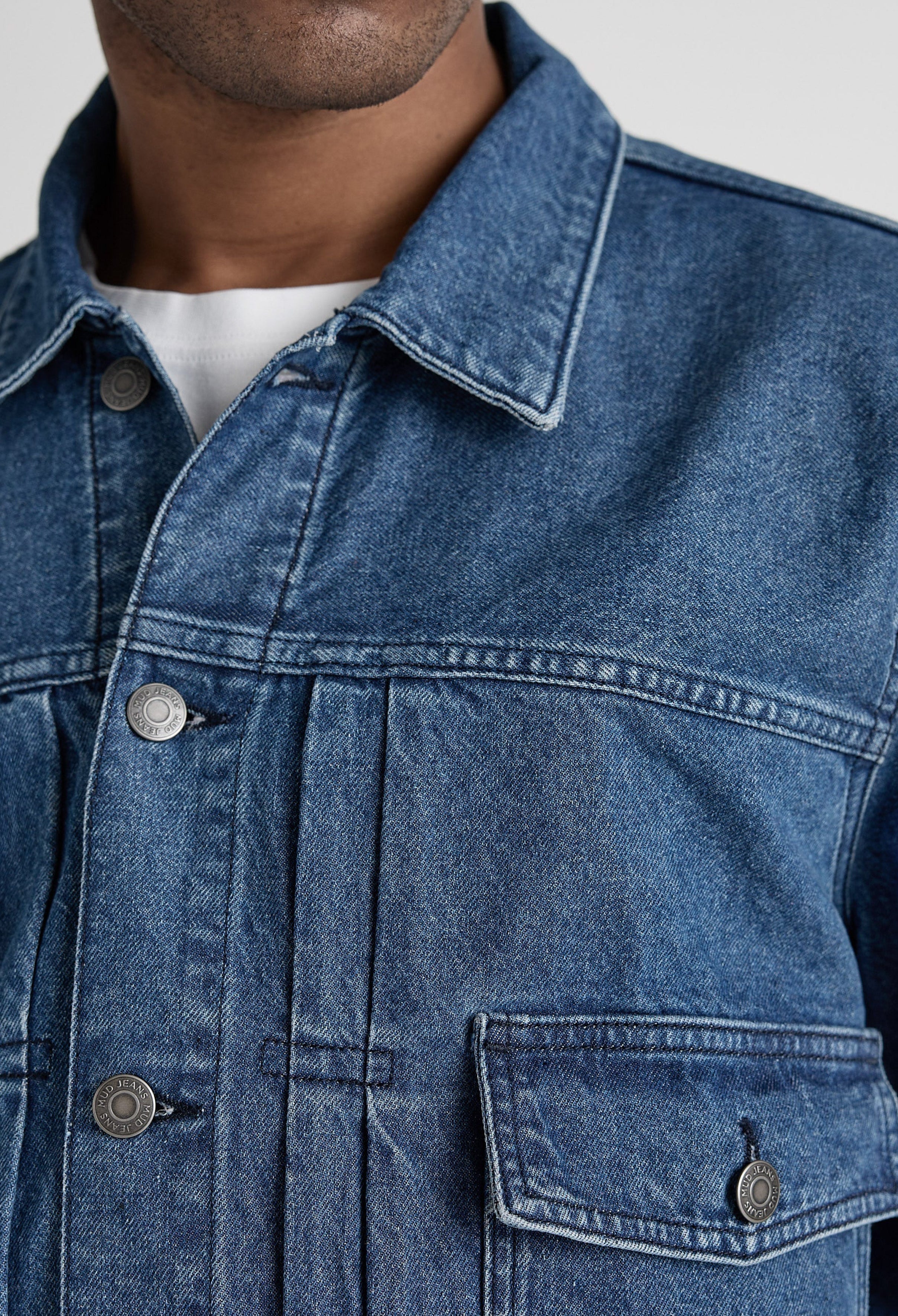 Sustainable MUD Jeans in light blue denim, crafted from organic cotton, showcasing ethical fashion with classic design.