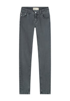 Gray MUD Jeans made from organic cotton, showing a pair of slim-fit denim jeans with front pockets and belt loops.