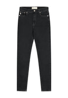 Dark black slim-fit denim jeans from MUD Jeans, made from organic cotton, showcasing a classic five-pocket design.